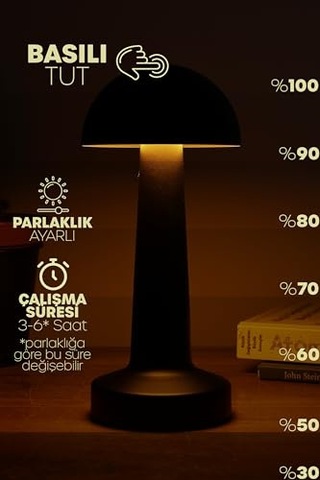 Şarjlı Mantar Masa Lambası Metal Dokunmatik 3 Işık Parlaklık Ayarlı Gece Masa Üstü Lamba Siyah A4 Çok Renkli