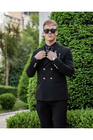 Beystil Sivri Yaka Siyah Kruvaze Takım Elbise Nikol036- Slim Fit Siyah