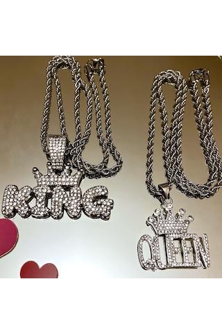 Gns Aksesuar Kral Ve Kraliçe Model 316l Kararmaz Çelik-kalın Zincirli Çift Kolye Gümüş