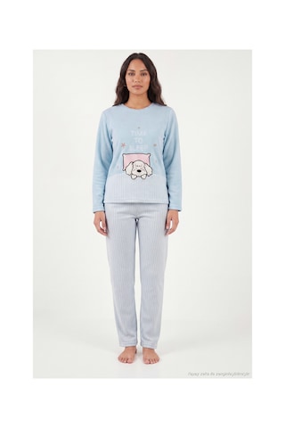 Lela Çizgili Yumuşak Kışlık Polar Pijama Takımı Kadın Pijama Takımı 6575030 Mavi