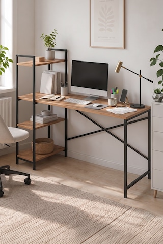 120x55 Cm Raflı Çalışma Masası Bilgisayar Masası Ofis Masası Ders Masası Cervantes Çam