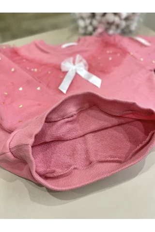 Kız Çocuk Fiyonk Kurdela Detay Organze Tül Kol Mini Kalpler Detaylı Sweatshirt 3 İplik Pudra Pembe Renk Pudra