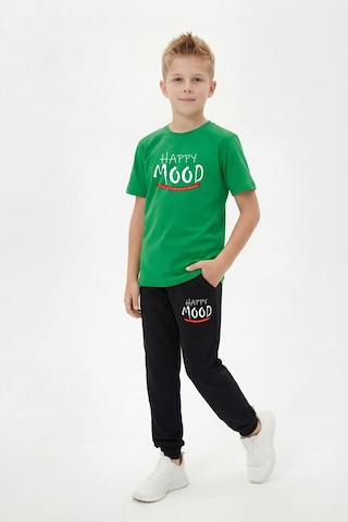 Panios Kids Yuvarlak Yaka Tişörtlü Uzun Eşofman Altlı Baskı Detaylı Erkek Çocuk Alt Üst Takım Yeşil