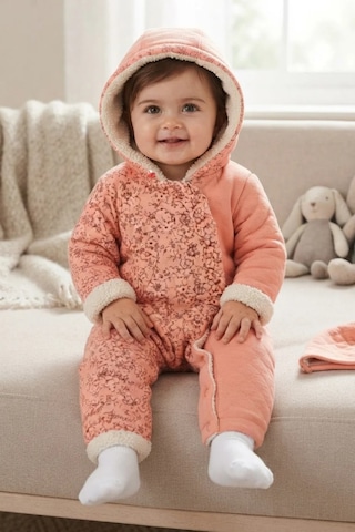 Tuffy Kids Somon Çiçek Desenli Kapüşonlu Kız Bebek Tulum Somon-ekru