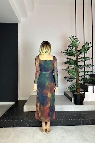 G0844 Kare Yaka Tül Elbise Çok Renkli-çok Renkli Çok Renkli