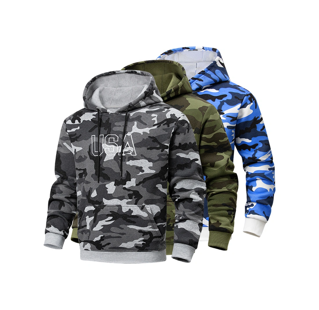 Kamuflaj İşlemeli Kapüşonlu Sweatshirt Erkek Kapüşonlu Erkek Sonbahar Ve Kış Sweatshirt Ceketi Mavi