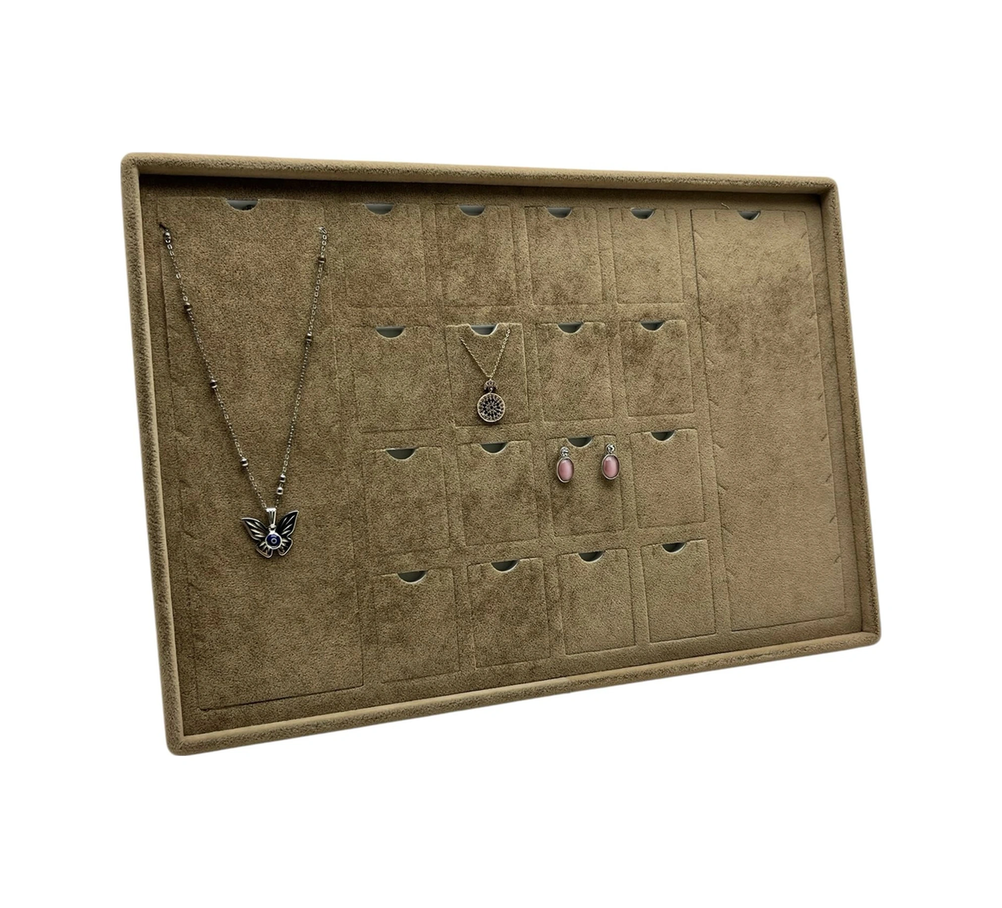 Süet Kumaş Kahve 34-24 Cm Ayaklı 18 Pedli Kolye Tabla Stand