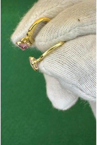 Kadın Gold Renk Kalpli Zirkon Taşlı Minimal Küpe Pembe