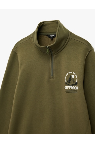 Koton Baskılı Yarım Fermuarlı Şardonlu Uzun Kollu Dik Yaka Sweatshirt Haki 6wam70149mk Haki