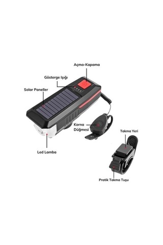 Buffer Solar Enerjili Usb İle Şarj Edilebilir Ledli Bisiklet Feneri Kornalı Ve Su Geçirmez Far Siyah