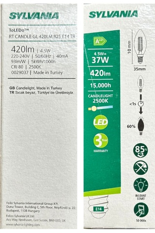 Sylvania 4,5w 37w 2500k Sarı Işık E14 Duylu Eski Tip Görünümlü Led Ampul 10 Adet