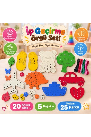 Eğitici Ahşap Renkli Ip Geçirme Örgü Seti 25 Parça Montessori El Kası Geliştirme Kitap Kutulu