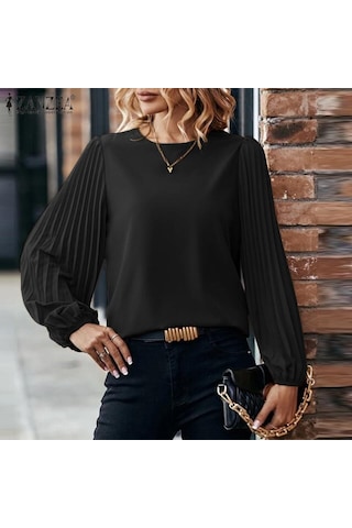 Kahverengi Zanzea Kadın Yuvarlak Yaka Uzun Kollu Basınç Plise Açık Damla Kravat Düğmesi Gevşek Düz Renk Bluz