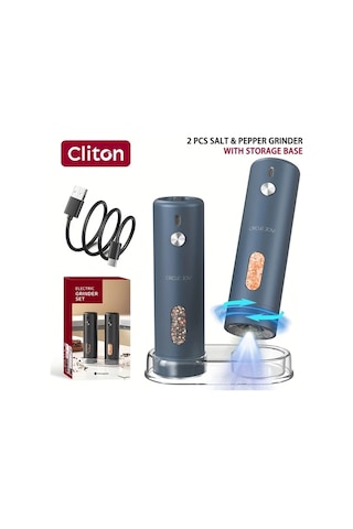 Honeybeeshop Şarj Edilebilir Elektrikli Biber Değirmeni Mavi 2 Adet Değirmen Depolama Taban 110ml Otomatik Biberlik Beyaz Led Işık Tek Elle Kullanım Mavi - 2 Adet Değirmen + Depolama Taban