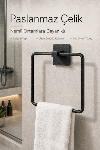 Paslanmaz Çelik Kare Yapışkanlı Siyah Kare Havluluk Banyo Askılığı