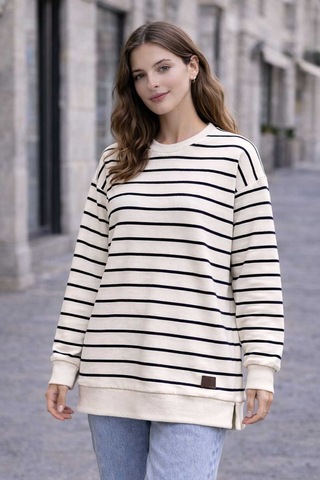 Tenra Oversize Geniş Kalıp Kadın Sweatshirt Bisiklet Yaka Basic Çizgili Lacivert