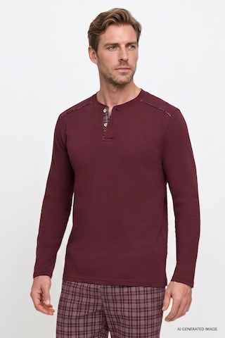 Ac&Co / Altınyıldız Classics Erkek Bordo %100 Pamuk Standart Fit Hakim Yaka Desenli Cepli Pijama Takımı