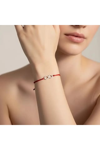 G&a Jewels - Sonsuzluk - 925 Ayar Gümüş 0.01ct Pırlanta Taşlı Kırmızı İpli Bileklik Gümüş - Kırmızı