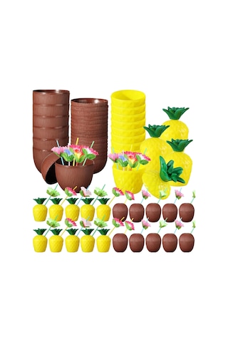 Tropikal Parti Bardak Seti Ananas Ve Hindistan Cevizi Şekilli Pipetli Bardaklar 20 Adet .