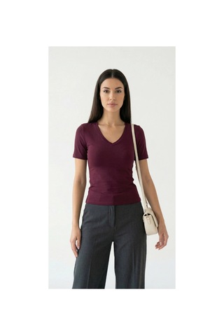 Dıanna Kadın Bordo V Yaka Basic T-shirt Günlük Esnek Kumaş Kısa Kollu T-shirt