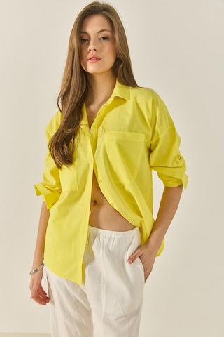 Kadın Çift Cepli Oversize Keten Gömlek 40861002 - Sarı