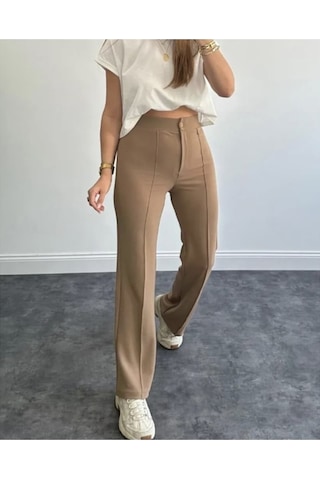 Nevege Butik Nevege Kadın Krep Kumaş Likralı Ön Çimalı Ispanyol Paça Palazzo Pantolon Camel