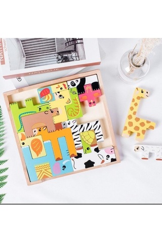 Renkli 15 Hayvanlı Geometrik Ahşap Puzzle