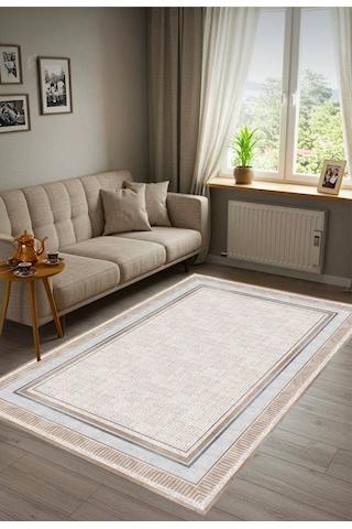 Krem Dijital Baskı Salon Halısı Kaymaz Tabanlı Yıkanabilir Halı Yolluk 413 Krem