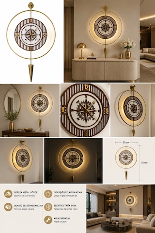 Gold Mahsertini - Pusula Serisi - Pilli Led Sistemi - Metal Duvar Saati