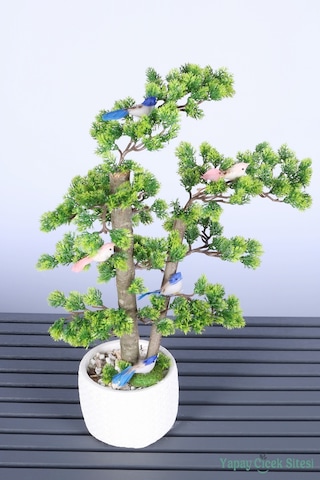 Yapay Çiçek Sitesi Dekoratif Saksıda Yapay Kuşlu Bonsai Ağaç 55 Cm Yeşil