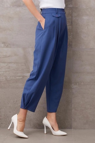 Paçası Düğmeli Yüksek Bel Pantolon Indigo