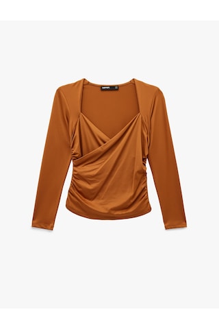 Koton Uzun Kollu Slim Fit Kruvaze V Yaka Saten Bluz Kiremit 6wak50356ek Terracotta