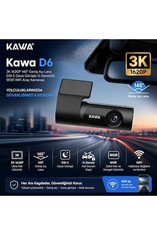Kawa D6 3K 1620P 145° Geniş Açı Lens DSI-2 Gece Görüşlü G-Sensörlü WDR WiFi Araç Kamerası