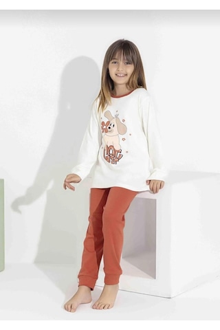 Kız Çocuk Baskılı Uzun Kollu Pijama Takımı Sevimli Ev Giyimi-8408- Kiremit