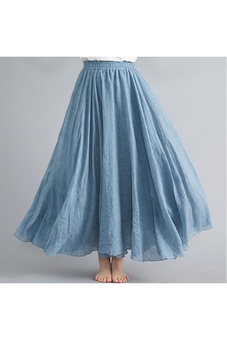 Yaz Sonbahar Kadın Etek Edebi Büyük Boy Pamuk Keten Yarım Etek Elastik Bel Keten A-line Etek Uzun Bölüm Saf Renk Rüzgar Salıncak Etek Mavi