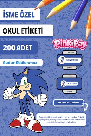İsim Yazılabilir Sonic Temalı Kişiye Özel Okul Etiketi Kalem & Defter İçin 200 Adet Çoklu