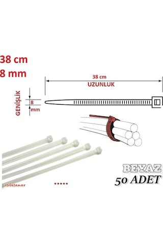 50 Adet Pemsan 38Cm X 8Mm Plastik Cırt Kelepçe Beyaz
