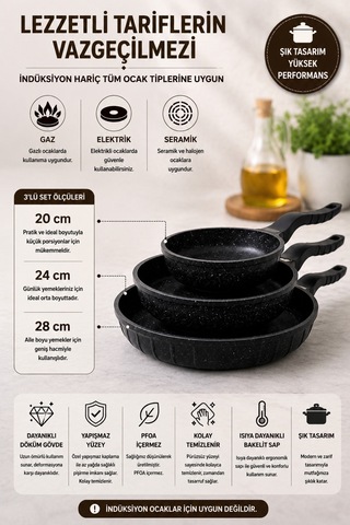 Line 3 Parça Döküm Tava Set 20/24/28 Cm Yapışmaz Siyah