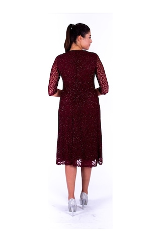 Nidya Moda Büyük Beden Kadın Bordo Dantel Abiye Elbise-4036Yb Bordo