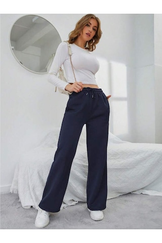 Kallima Kışlık Polarlı Yüksek Bel Lacivert Bol Paça Eşofman Altı Siyah