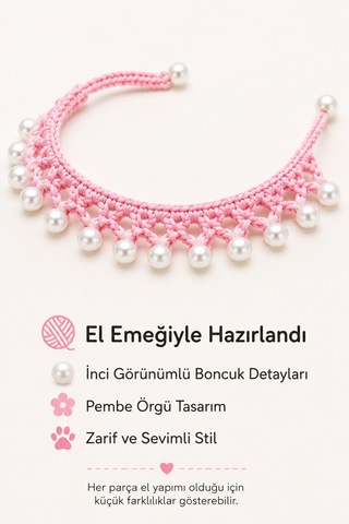 El Örgüsü Kedi Tasması Pembe İnci Boncuklu El Yapımı Ayarlanabilir Kedi Boyun Aksesuarı