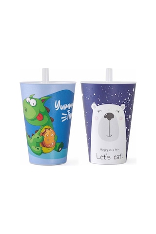 Kapris 2 Adet Desenli Plastik Pipetli Bardak Erkek Model 400 Ml