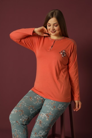 Nisanca Uzun Kollu %100 Pamuk Büyük Beden Anne Pijama Takımı- Anne Özel Serisi Turuncu