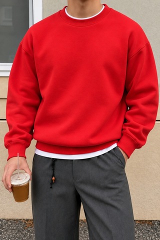 Cool Tarz Erkek 3 İplik Şardonlu Regular Fit Bisiklet Yaka Basic Sweatshirt Kırmızı Kırmızı
