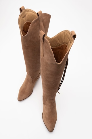 Rios Toprak Hakiki Deri Süet Püsküllü Kadın Kalın Topuklu Çizme Toprak