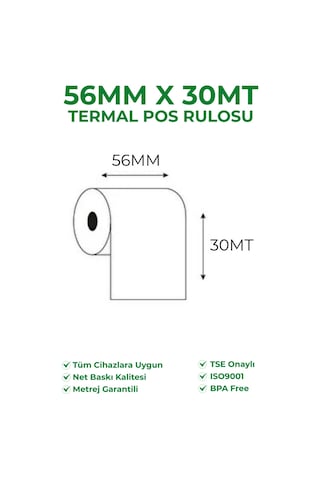 56x30 Termal Rulo Yazarkasa Pos Rulosu 10 Paket 100 Adet Tse Belgeli Bpa Free