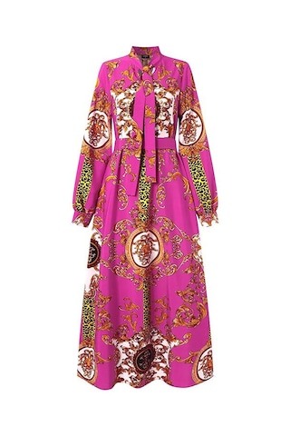 Gül Vonda Kadın Balıkçı Yaka Uzun Puf Kol Günlük Gevşek Uzun Elbise M Gül