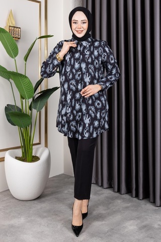 Hira Life Fashion Kadın Tesettür Giyim Ve Spor Giyime Uygun Düğme Detaylı Şık Desenler Dokuma Viskon Gömlek-tunik Gri 3 Gri 3