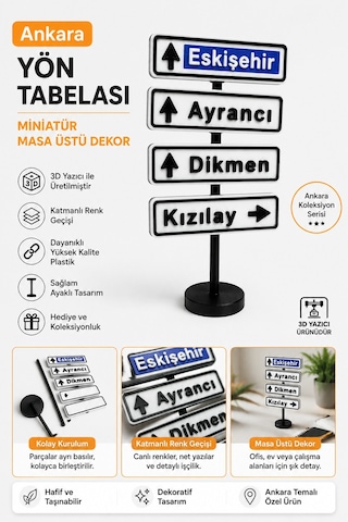 Ankara Yön Tabelası Mini Masaüstü Dekor 3d Baskı Şehir Tabelası