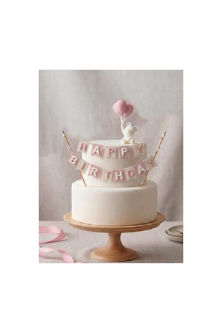 Doğum Günü Pasta Süsü Seti - İpli Happy Birthday Banner Ve Balonlu Ayıcık Figürü 10 Cm